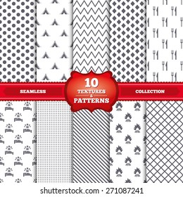 Repeatable patterns and textures. Food, sleep, camping tent and fire icons. Knife and fork. Hotel or bed and breakfast. Road signs. Gray dots, circles, lines on white background. Vector