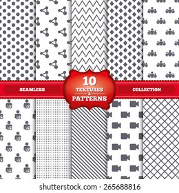 Repeatable patterns and textures. Group of people and share icons. Add user and video camera symbols. Communication signs. Gray dots, circles, lines on white background. Vector