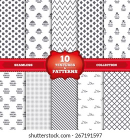 Repeatable patterns and textures. Halal food icons. 100% natural meal symbols. Chef hat with spoon and fork sign. Natural muslims food. Gray dots, circles, lines on white background. Vector