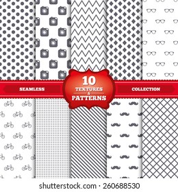 Repeatable patterns and textures. Hipster photo camera with mustache icon. Glasses symbol. Bicycle family vehicle sign. Gray dots, circles, lines on white background. Vector