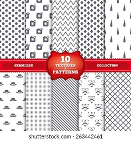 Repeatable patterns and textures. Hipster photo camera. Mustache with beard icon. Glasses and tie symbols. Classic hat headdress sign. Gray dots, circles, lines on white background. Vector