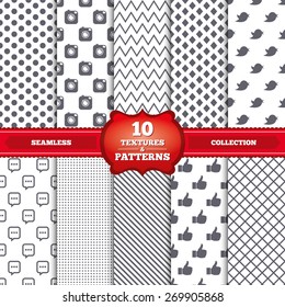 Repeatable patterns and textures. Hipster photo camera icon. Like and Chat speech bubble sign. Hand thumb up. Bird symbol. Gray dots, circles, lines on white background. Vector