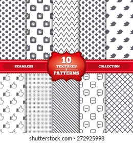 Repeatable patterns and textures. Hipster photo camera icon. Like and Chat speech bubble sign. Hand thumb up. Bird symbol. Gray dots, circles, lines on white background. Vector