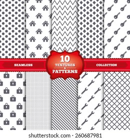 Repeatable patterns and textures. Home key icon. Wrench service tool symbol. Locker sign. Main page web navigation. Gray dots, circles, lines on white background. Vector