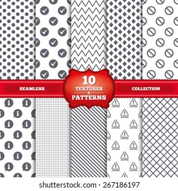 Repeatable patterns and textures. Information icons. Stop prohibition and attention caution signs. Approved check mark symbol. Gray dots, circles, lines on white background. Vector
