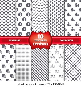 Repeatable patterns and textures. Information sign. Group of people and database symbols. Chat speech bubbles sign. Communication icons. Gray dots, circles, lines on white background. Vector
