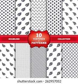 Repeatable patterns and textures. Leaf icon. Fresh natural product symbols. Tree leaves signs. Gray dots, circles, lines on white background. Vector