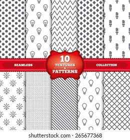 Repeatable patterns and textures. Light lamp icons. Fluorescent lamp bulb symbols. Energy saving. Idea and success sign. Gray dots, circles, lines on white background. Vector