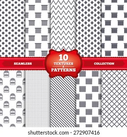 Repeatable patterns and textures. Louvers icons. Plisse, rolls, vertical and horizontal. Window blinds or jalousie symbols. Gray dots, circles, lines on white background. Vector