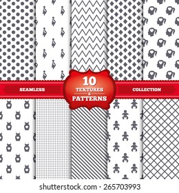 Repeatable patterns and textures. Maternity icons. Baby infant, pregnancy and dress signs. Head with heart symbol. Gray dots, circles, lines on white background. Vector