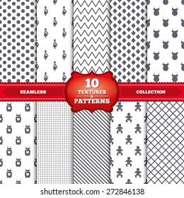 Repeatable patterns and textures. Maternity icons. Baby infant, pregnancy and shirt signs. Dress with heart symbol. Gray dots, circles, lines on white background. Vector