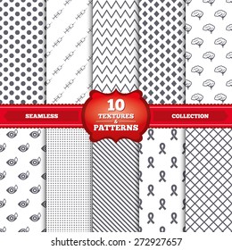 Repeatable patterns and textures. Medicine icons. Syringe, eye with drop, brain and ribbon signs. Breast cancer awareness symbol. Human smart mind. Gray dots, circles, lines on white background.