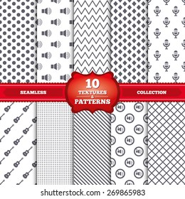 Repeatable patterns and textures. Musical elements icons. Microphone and Sound speaker symbols. No Sound and acoustic guitar signs. Gray dots, circles, lines on white background. Vector