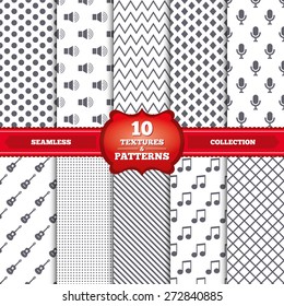Repeatable patterns and textures. Musical elements icons. Microphone and Sound speaker symbols. Music note and acoustic guitar signs. Gray dots, circles, lines on white background. Vector