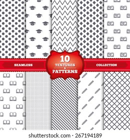 Repeatable patterns and textures. Pencil and open book icons. Graduation cap symbol. Higher education learn signs. Gray dots, circles, lines on white background. Vector