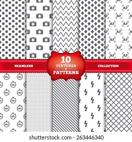 Repeatable patterns and textures. Photo camera icon. Flash light and autofocus AF symbols. Stopwatch timer 10 seconds sign. Gray dots, circles, lines on white background. Vector 
