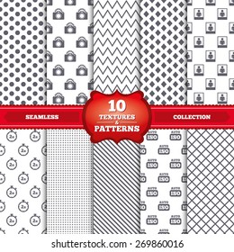 Repeatable patterns and textures. Photo camera icon. Flash light and Auto ISO symbols. Stopwatch timer 2 seconds sign. Human portrait photo frame. Gray dots, circles, lines on white background. Vector