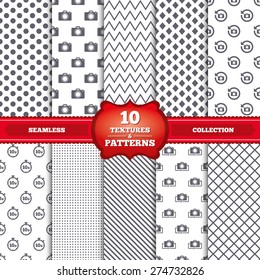 Repeatable patterns and textures. Photo camera icon. Flip turn or refresh symbols. Stopwatch timer 10 seconds sign. Gray dots, circles, lines on white background. Vector