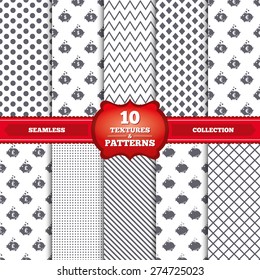 Repeatable patterns and textures. Piggy bank icons. Dollar, Euro and Pound moneybox signs. Cash coin money symbols. Gray dots, circles, lines on white background. Vector