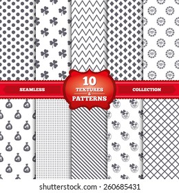 Repeatable patterns and textures. Saint Patrick day icons. Money bag with clover sign. Wreath of trefoil shamrock clovers. Symbol of good luck. Gray dots, circles, lines on white background. Vector