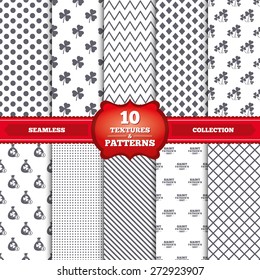 Repeatable patterns and textures. Saint Patrick day icons. Money bag with clover and coin sign. Trefoil shamrock clover. Symbol of good luck. Gray dots, circles, lines on white background. Vector