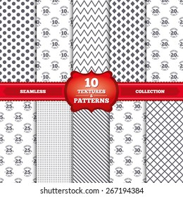 Repeatable patterns and textures. Sale discount icons. Special offer stamp price signs. 10, 20, 25 and 30 percent off reduction symbols. Gray dots, circles, lines on white background. Vector
