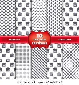 Repeatable patterns and textures. Sale gift box tag icons. Discount special offer symbols. 50%, 60%, 70% and 80% percent discount signs. Gray dots, circles, lines on white background. Vector