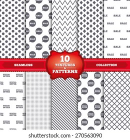 Repeatable patterns and textures. Sale icons. Special offer speech bubbles symbols. Shopping signs. Gray dots, circles, lines on white background. Vector