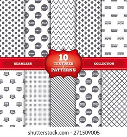 Repeatable patterns and textures. Sale icons. Special offer speech bubbles symbols. Buy now arrow shopping signs. Available now. Gray dots, circles, lines on white background. Vector
