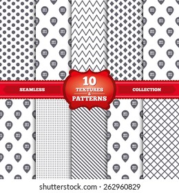 Repeatable patterns and textures. Sale pointer tag icons. Discount special offer symbols. 10%, 20%, 30% and 40% percent sale signs. Gray dots, circles, lines on white background. Vector