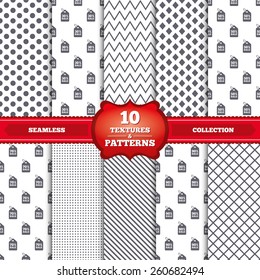 Repeatable patterns and textures. Sale price tag icons. Discount special offer symbols. 30%, 50%, 70% and 90% percent sale signs. Gray dots, circles, lines on white background. Vector