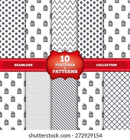Repeatable patterns and textures. Sale price tag icons. Discount special offer symbols. 50%, 60%, 70% and 80% percent sale signs. Gray dots, circles, lines on white background. Vector