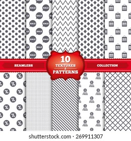 Repeatable patterns and textures. Sale speech bubble icon. Discount star symbol. Big sale shopping bag sign. First month free medal. Gray dots, circles, lines on white background. Vector