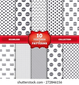 Repeatable patterns and textures. Sale speech bubble icon. Thank you symbol. Bonus star circle sign. Big sale shopping bag. Gray dots, circles, lines on white background. Vector