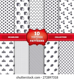Repeatable patterns and textures. Social media icons. Chat speech bubble and Bird chick symbols. Human group sign. Gray dots, circles, lines on white background. Vector