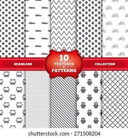 Repeatable patterns and textures. Transport icons. Car, Bicycle, Public bus and Ship signs. Shipping delivery symbol. Family vehicle sign. Gray dots, circles, lines on white background. Vector