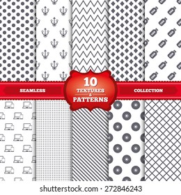 Repeatable patterns and textures. Usb flash drive icons. Notebook or Laptop pc symbols. Smartphone device. CD or DVD sign. Compact disc. Gray dots, circles, lines on white background. Vector