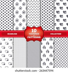 Repeatable patterns and textures. Valentine day love icons. Love heart timer symbol. Couple lovers sign. Add new love relationship. Gray dots, circles, lines on white background. Vector