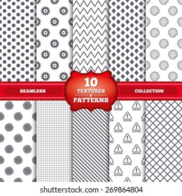 Repeatable patterns and textures. Wood and saw circular wheel icons. Attention caution symbol. Sawmill or woodworking factory signs. Gray dots, circles, lines on white background. Vector