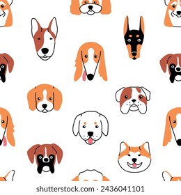 Repeatable print of puppy muzzles, happy pet portraits. Endless pattern of pup snouts. Different dog breeds: corgi, akita inu, bulldog. Cute animals avatars lineart. Flat seamless vector illustration