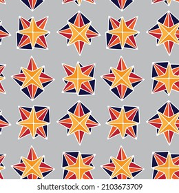 Repeatable seamless pattern of hand drawn doodle star elements. Geometrical and contrast. Sightly colors. Print for textile, clothes and feathures for children.