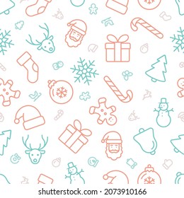 Repeatable seamless pattern of pastel green and red outline Christmas icons with small icons in between on white background.