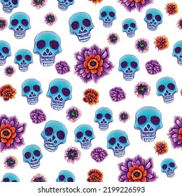 A repeatable, seamless pattern of Skulls and flowers, "Calavera de azucar", on a white background.