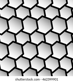 Repeatable seamless pattern with tilted, overlapping hexagons. Geometric monochrome textures