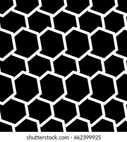 Repeatable seamless pattern with tilted, overlapping hexagons. Geometric monochrome textures