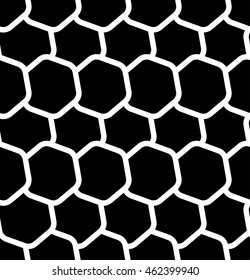 Repeatable seamless pattern with tilted, overlapping hexagons. Geometric monochrome textures