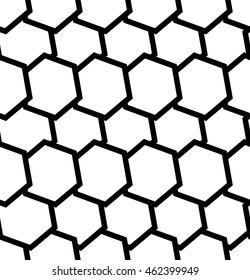 Repeatable seamless pattern with tilted, overlapping hexagons. Geometric monochrome textures