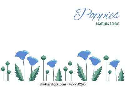 Repeatable summer flower border with blue poppies and green leaves. Design of floral pattern for cards, invitations, websites and other projects.