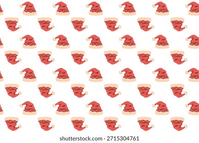 Textura repetible de los casquillos tradicionales de las Navidades rojas con el ajuste blanco de la piel. Fondo festivo para papel de regalo de vacaciones de invierno y decoración de año Nuevo.
