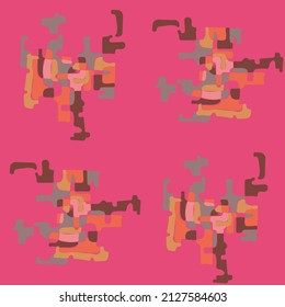 Repeatable vector pattern, abstract, multicolored shapes on bright pink background.